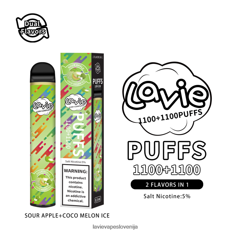 LAVIE Vape Slovenija - LAVIE BAR Switch 2200 vpihov led iz kislega jabolka/kokosove melone V22B66297