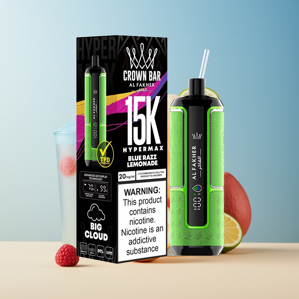 Veleprodaja Slovenija Al Fakher Crown Bar 15K Hipermax Naprava za Vapenje na Enkratno Uporabo Modri Malin Limonada
