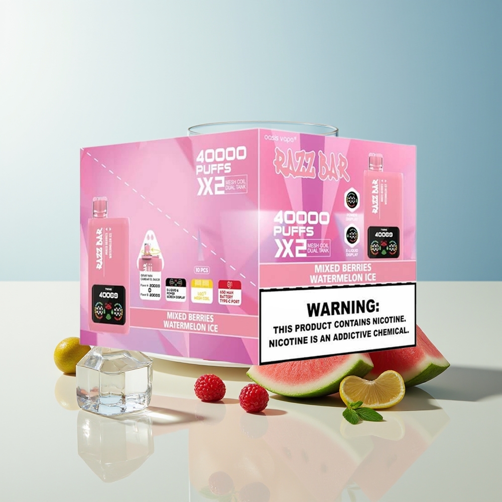 Veleprodaja Slovenija Razz Bar 40000 Puffs Vape Mešane Jagode - Lubenica Led 10Ohm 2 Mesh Coil 650 Mah Battery Type-C Port